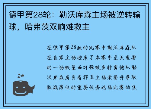 德甲第28轮：勒沃库森主场被逆转输球，哈弗茨双响难救主