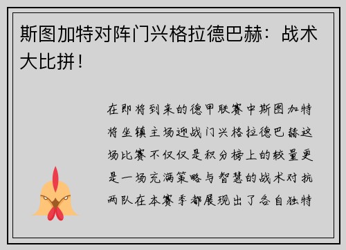 斯图加特对阵门兴格拉德巴赫：战术大比拼！