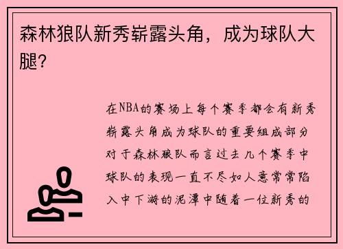 森林狼队新秀崭露头角，成为球队大腿？