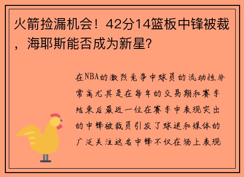 火箭捡漏机会！42分14篮板中锋被裁，海耶斯能否成为新星？