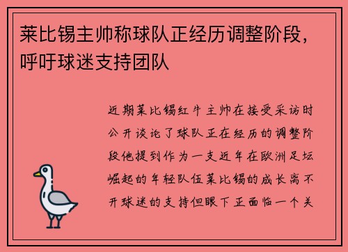 莱比锡主帅称球队正经历调整阶段，呼吁球迷支持团队