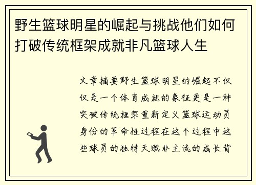野生篮球明星的崛起与挑战他们如何打破传统框架成就非凡篮球人生