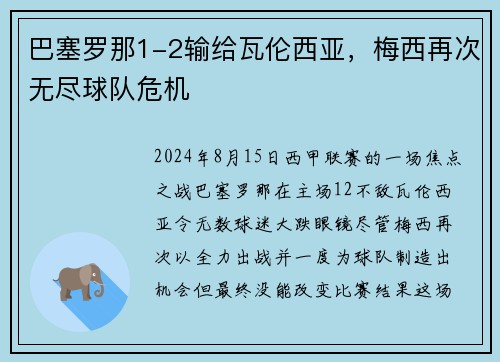 巴塞罗那1-2输给瓦伦西亚，梅西再次无尽球队危机