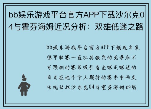 bb娱乐游戏平台官方APP下载沙尔克04与霍芬海姆近况分析：双雄低迷之路