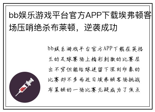 bb娱乐游戏平台官方APP下载埃弗顿客场压哨绝杀布莱顿，逆袭成功