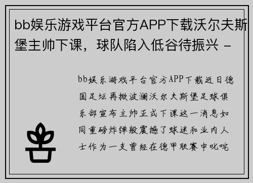 bb娱乐游戏平台官方APP下载沃尔夫斯堡主帅下课，球队陷入低谷待振兴 - 副本