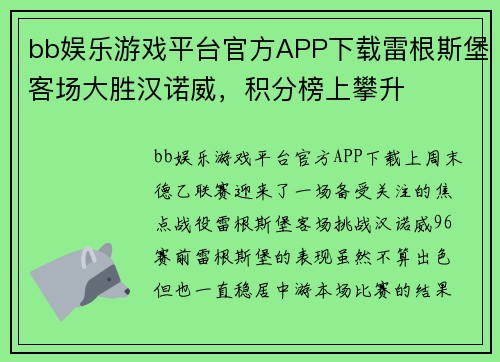 bb娱乐游戏平台官方APP下载雷根斯堡客场大胜汉诺威，积分榜上攀升