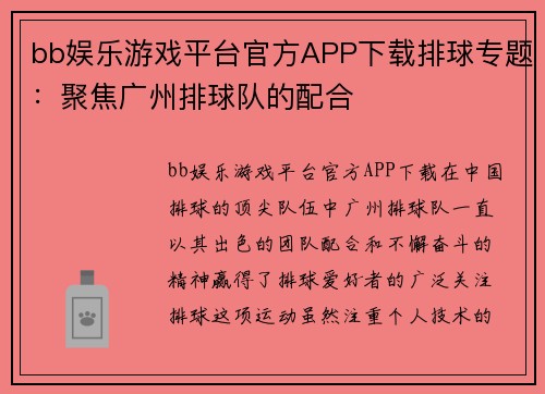 bb娱乐游戏平台官方APP下载排球专题：聚焦广州排球队的配合